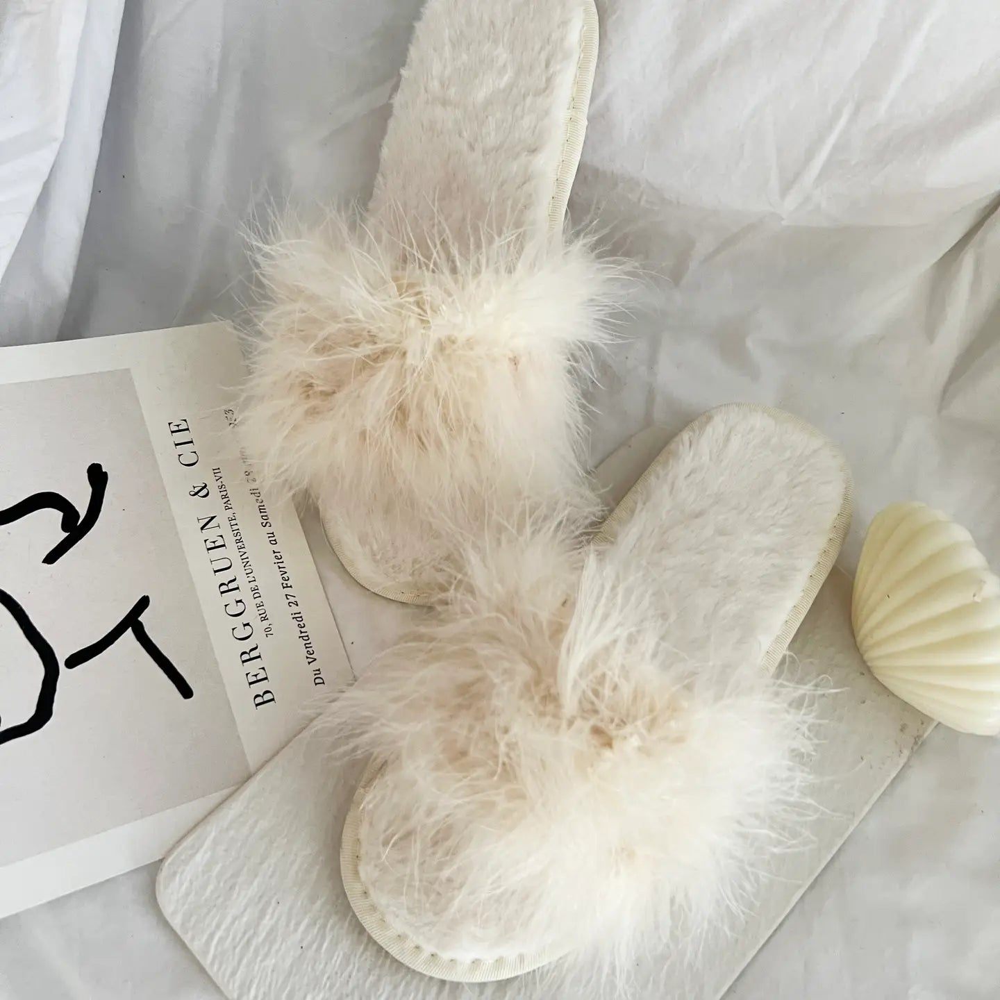 Feather Slippers - Cream